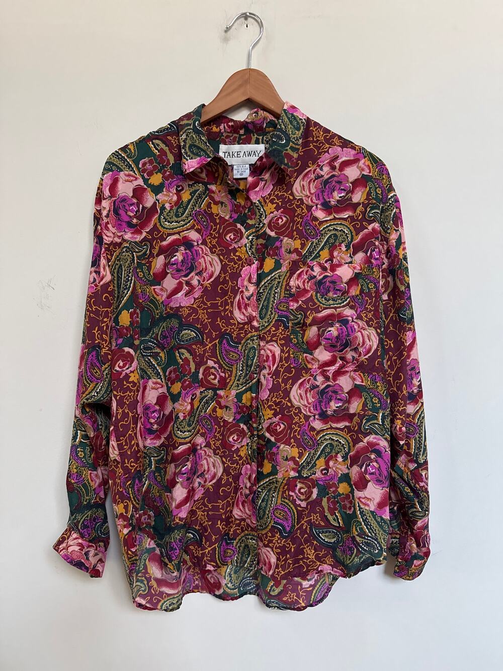 Vintage Floral Art Deco Dark Romantic 100% Silk Button Front Blouse Medium